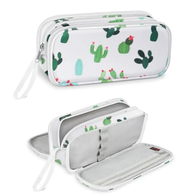 FINPAC Astuccio di Grande Capacità, Portatile Cancelleria Borsa con 3 Scomparti, Portamatite con Cerniera per Scuola Ufficio Studenti Universitari Adulto, (Cactus)