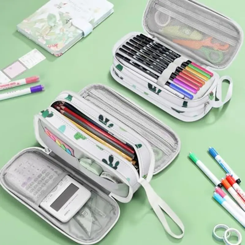 FINPAC Astuccio di Grande Capacità, Portatile Cancelleria Borsa con 3 Scomparti, Portamatite con Cerniera per Scuola Ufficio Studenti Universitari Adulto, (Cactus) miniatura 2