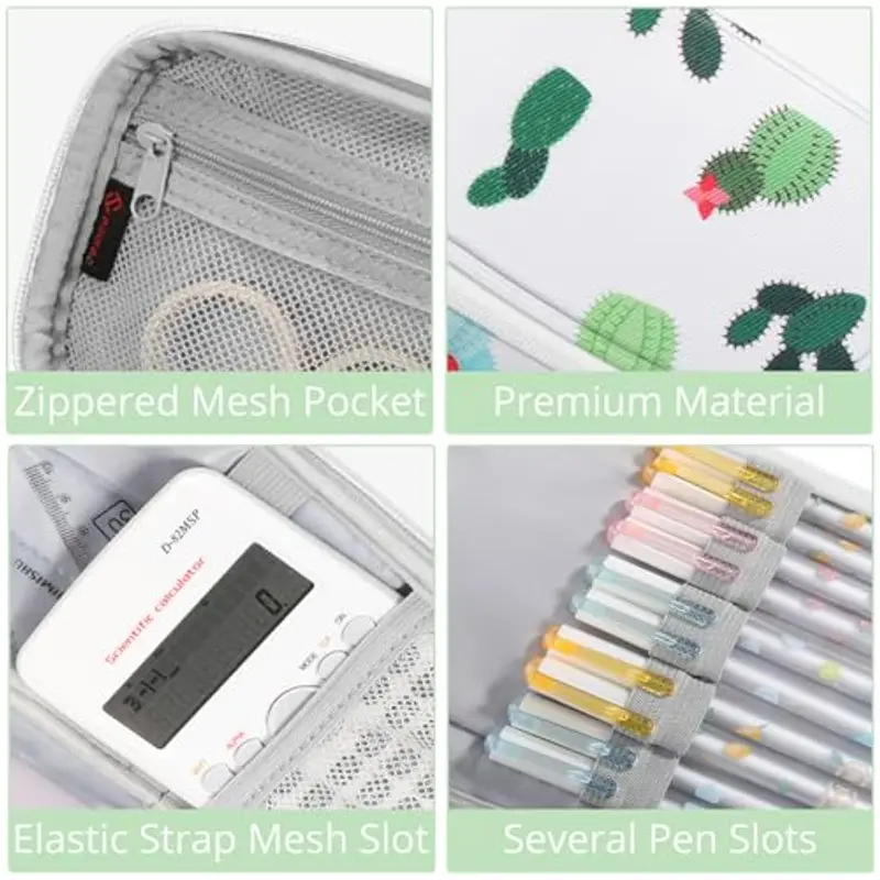 FINPAC Astuccio di Grande Capacità, Portatile Cancelleria Borsa con 3 Scomparti, Portamatite con Cerniera per Scuola Ufficio Studenti Universitari Adulto, (Cactus) miniatura 3