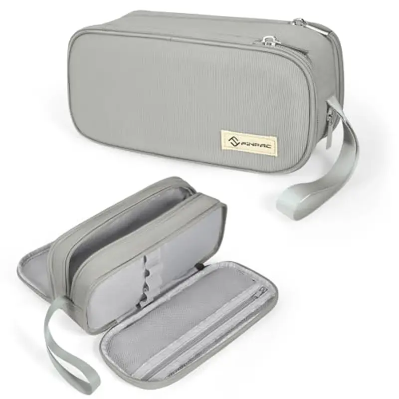 FINPAC Astuccio di Grande Capacità, Portatile Cancelleria Borsa con 3 Scomparti, Portamatite con Cerniera per Scuola Ufficio Studenti Universitari Adulto, (Grigio)