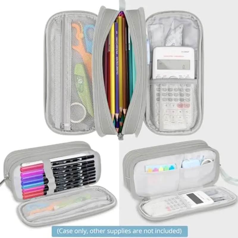 FINPAC Astuccio di Grande Capacità, Portatile Cancelleria Borsa con 3 Scomparti, Portamatite con Cerniera per Scuola Ufficio Studenti Universitari Adulto, (Grigio) miniatura 2