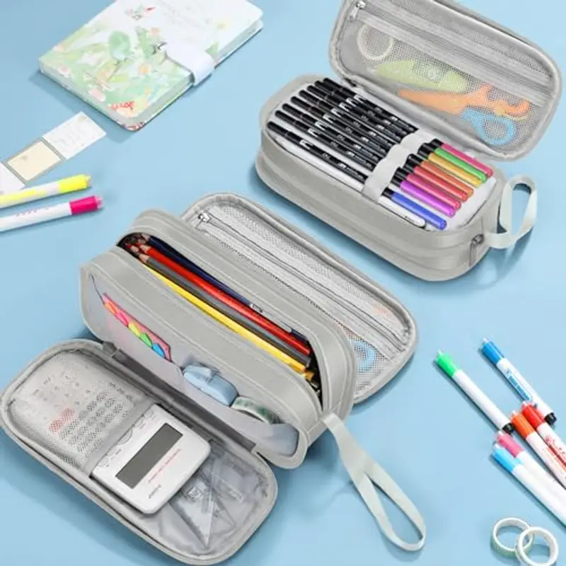 FINPAC Astuccio di Grande Capacità, Portatile Cancelleria Borsa con 3 Scomparti, Portamatite con Cerniera per Scuola Ufficio Studenti Universitari Adulto, (Grigio) miniatura 3