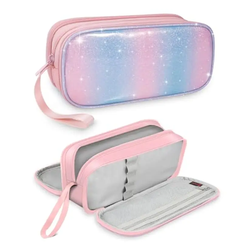 FINPAC Astuccio di Grande Capacità, Portatile Cancelleria Borsa con 3 Scomparti, Portamatite con Cerniera per Scuola Ufficio Studenti Universitari Adulto, (Ombré glitterato)