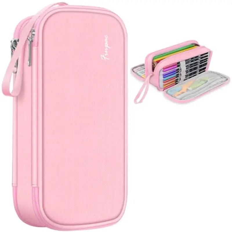 FINPAC Astuccio di Grande Capacità, Portatile Cancelleria Borsa con 3 Scomparti, Portamatite con Cerniera per Scuola Ufficio Studenti Universitari Adulto, (Rosa)