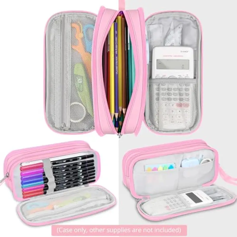 FINPAC Astuccio di Grande Capacità, Portatile Cancelleria Borsa con 3 Scomparti, Portamatite con Cerniera per Scuola Ufficio Studenti Universitari Adulto, (Rosa) miniatura 2