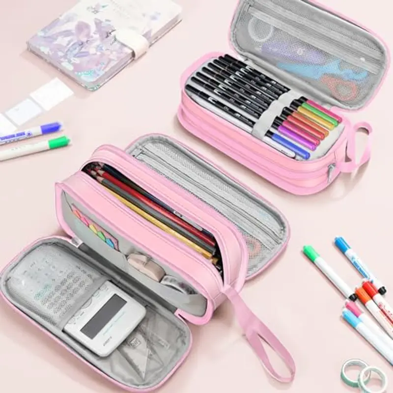 FINPAC Astuccio di Grande Capacità, Portatile Cancelleria Borsa con 3 Scomparti, Portamatite con Cerniera per Scuola Ufficio Studenti Universitari Adulto, (Rosa) miniatura 3