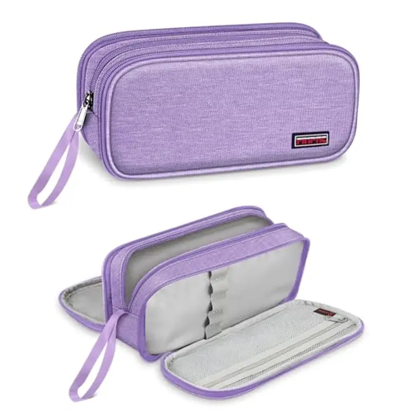 FINPAC Astuccio di Grande Capacità, Portatile Cancelleria Borsa con 3 Scomparti, Portamatite con Cerniera per Scuola Ufficio Studenti Universitari Adulto, (Scomparti-Viola)