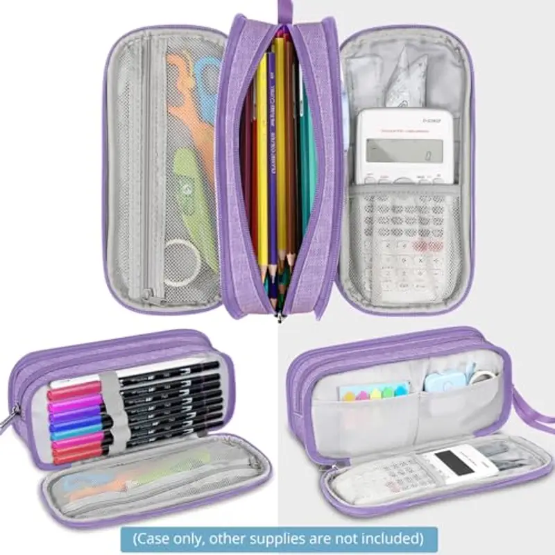 FINPAC Astuccio di Grande Capacità, Portatile Cancelleria Borsa con 3 Scomparti, Portamatite con Cerniera per Scuola Ufficio Studenti Universitari Adulto, (Scomparti-Viola) miniatura 2