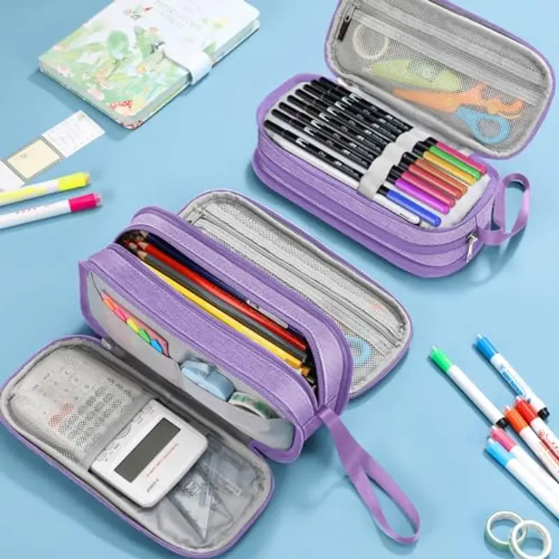 FINPAC Astuccio di Grande Capacità, Portatile Cancelleria Borsa con 3 Scomparti, Portamatite con Cerniera per Scuola Ufficio Studenti Universitari Adulto, (Scomparti-Viola) miniatura 3