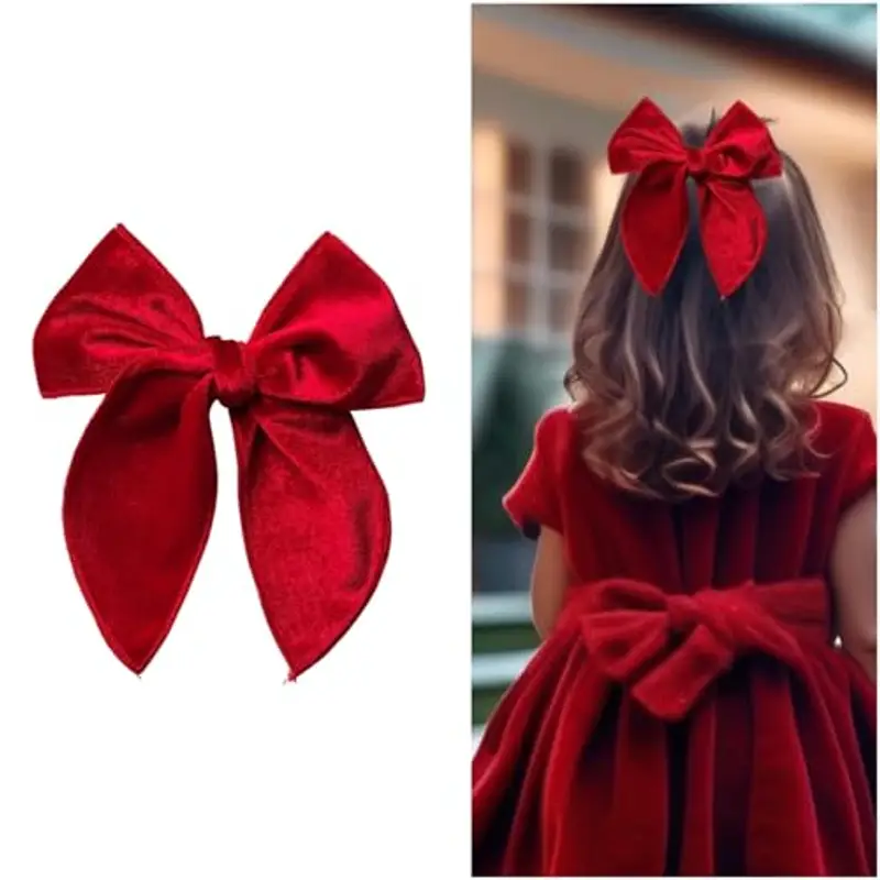 Fiocco per Capelli Bambina in Velluto, Chiusura Forcina a Coccodrillo, Elegante e Versatile (Rosso)