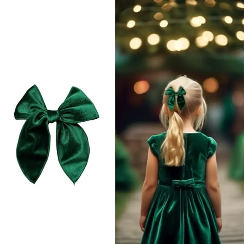 Fiocco per Capelli Bambina in Velluto, Chiusura Forcina a Coccodrillo, Elegante e Versatile (Verde)