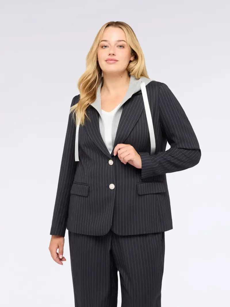 Fiorella Rubino - Blazer gessato con cappuccio in felpa staccabile Donna, Blu Taglia: 37 (46 IT)