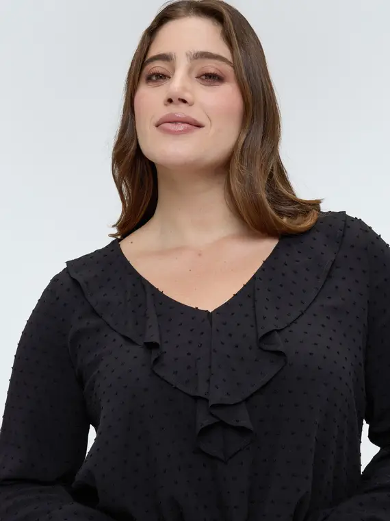Blusa in plumetis a pois con volant Donna, Nero (60 IT) miniatura 3