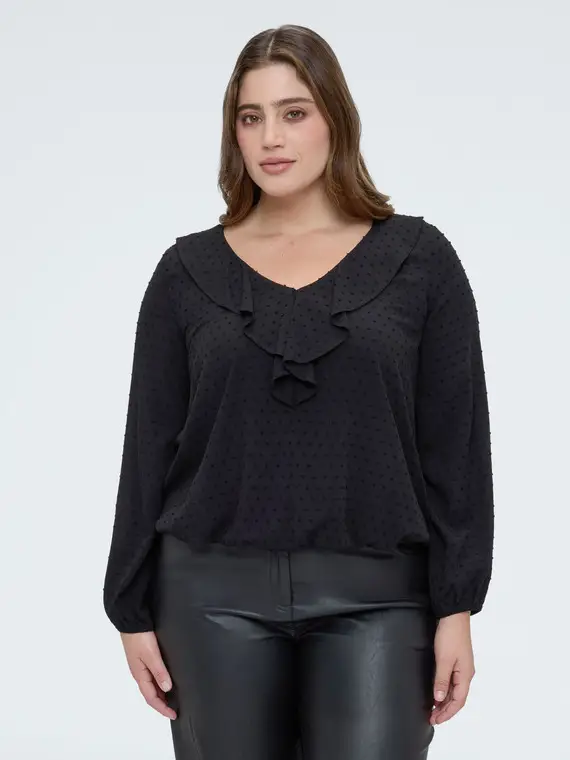 Blusa in plumetis a pois con volant Donna, Nero (60 IT)