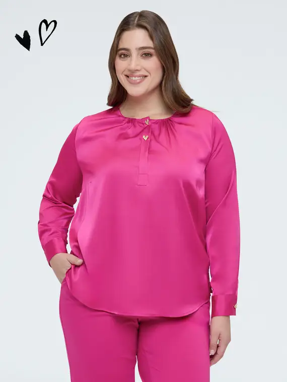 Blusa in raso con bottoni a forma di cuore Donna, Fucsia (60 IT)