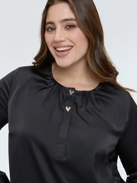 Blusa in raso con bottoni a forma di cuore Donna, Nero (56 IT) miniatura 3