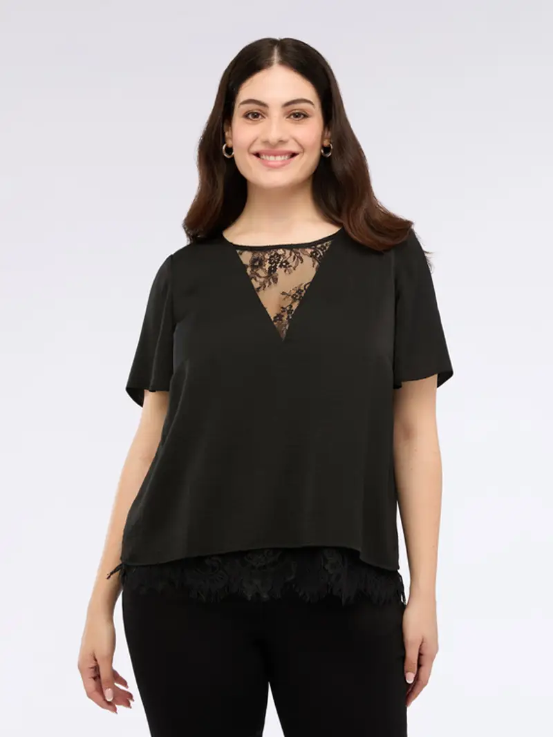 Fiorella Rubino - Blusa in raso con dettagli in pizzo Donna, Nero Taglia: 45 (54 IT) miniatura 2