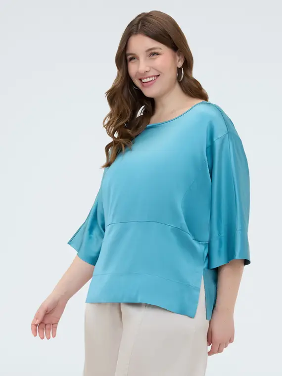 Blusa in raso con scollo a barchetta Donna, Azzurro (60-62 IT) miniatura 3