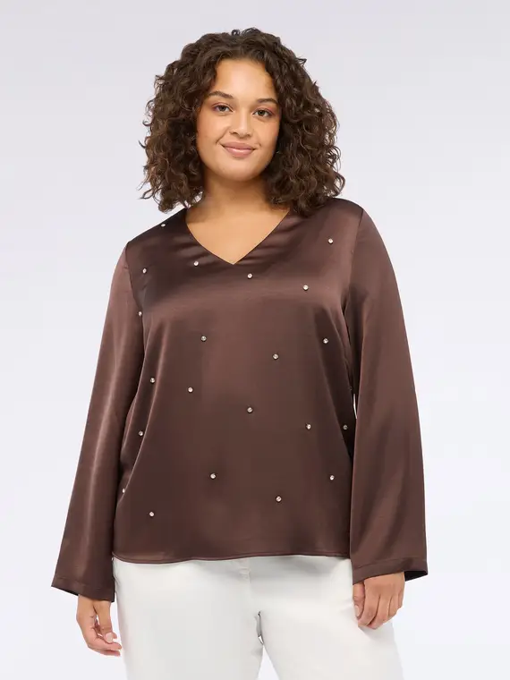 Blusa in raso con strass Donna, Marrone (58 IT) miniatura 3