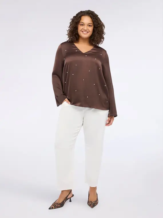 Blusa in raso con strass Donna, Marrone (58 IT)