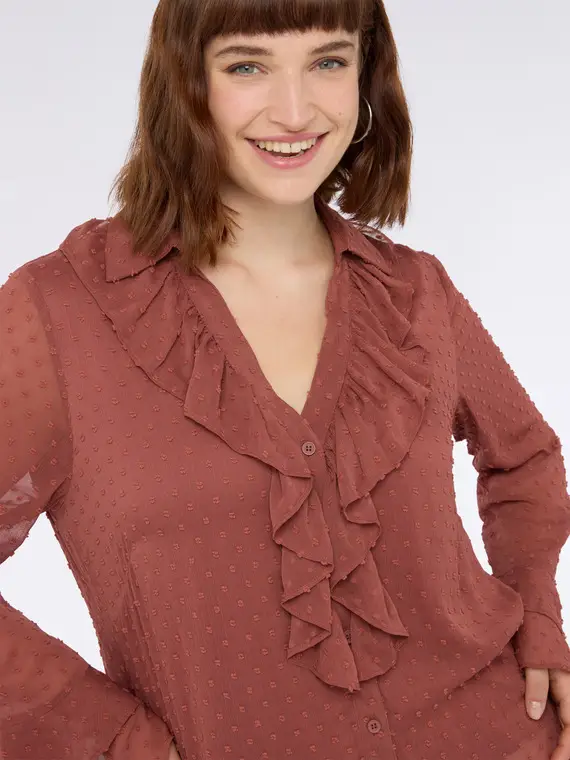Blusa in tessuto plumetis con ruches Donna, Marrone (48 IT) miniatura 3