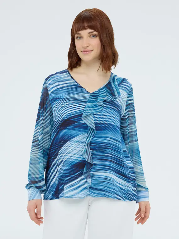 Blusa in viscosa stampata con volant Donna, Blu (58 IT)