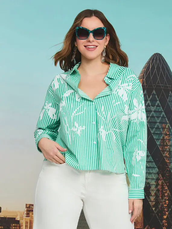 Camicia a righe con stampa floreale Donna, Verde (60 IT)