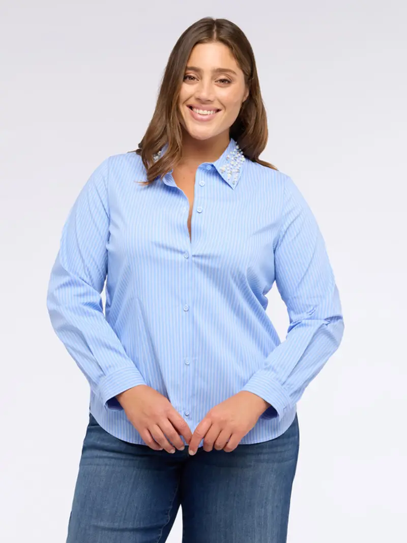 Fiorella Rubino - Camicia a righe in cotone con colletto prezioso Donna, Azzurro Taglia: 37 (46 IT)