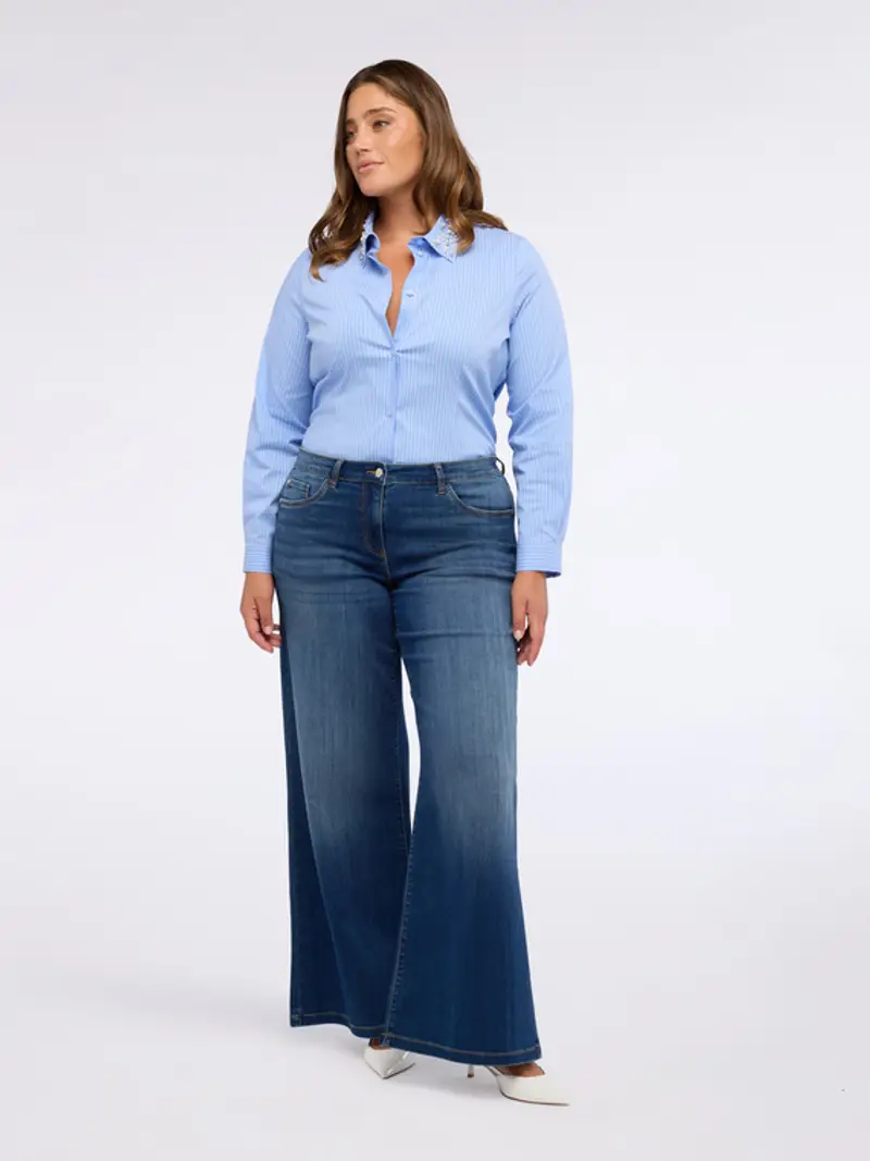 Fiorella Rubino - Camicia a righe in cotone con colletto prezioso Donna, Azzurro Taglia: 37 (46 IT) miniatura 3