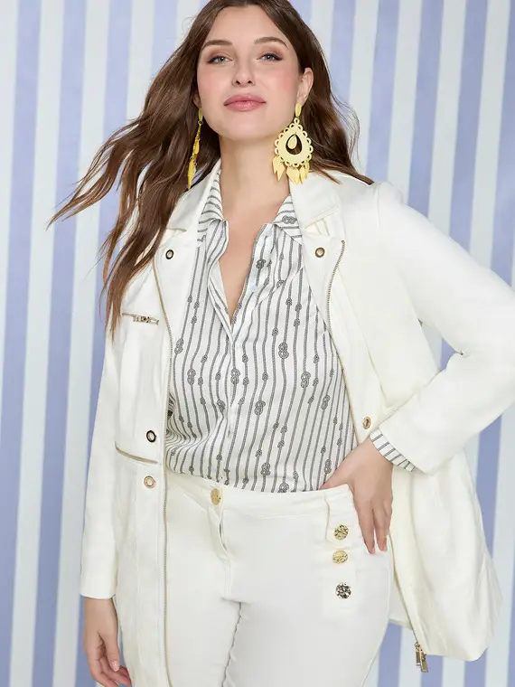 Camicia fantasia a righe con nodi Donna, Bianco (58 IT)