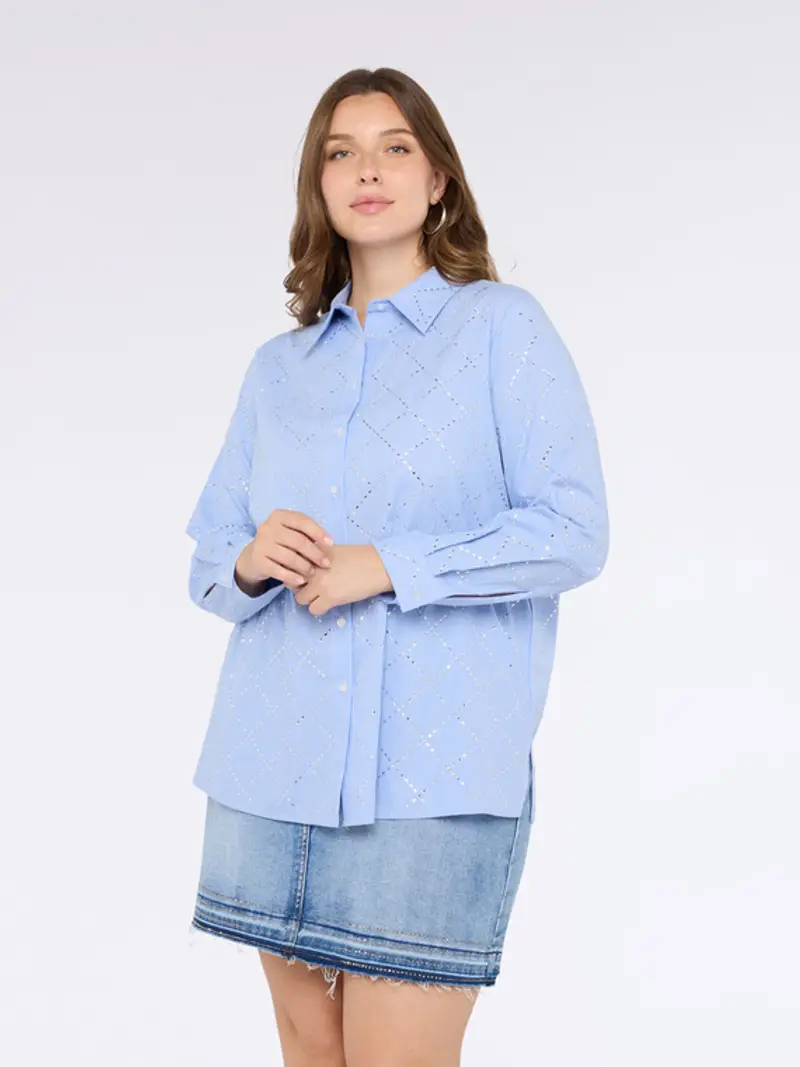 Fiorella Rubino - Camicia in cotone con ricamo a rombi Donna, Azzurro Taglia: 47 (56 IT) miniatura 2