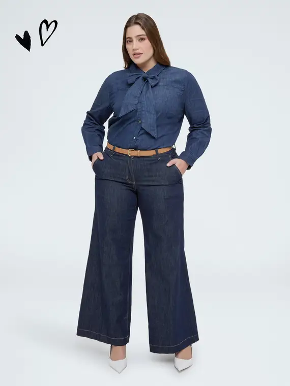 Camicia in denim con fiocco/cravatta Donna, Blu (54 IT)