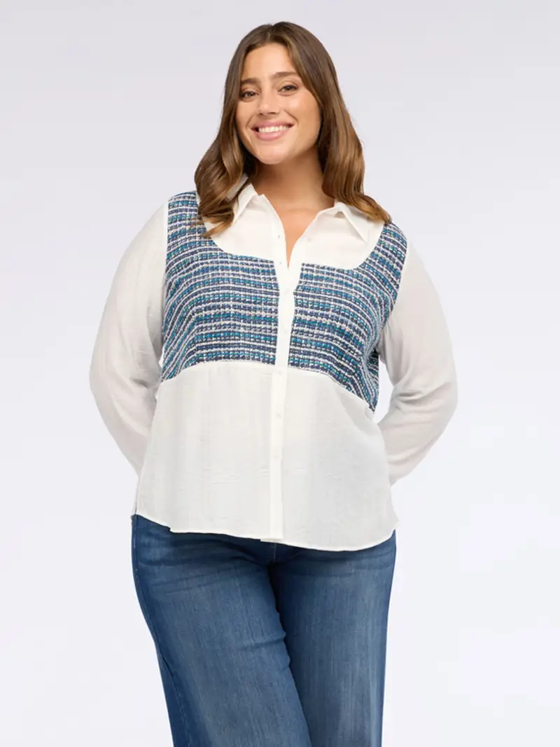 Camicia in mussola con inserto bouclé Donna, Bianco (54 IT)