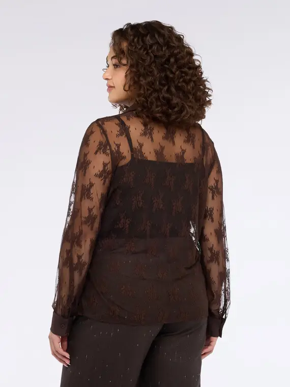 Camicia in pizzo con rouche sul davanti Donna, Marrone (56 IT) miniatura 2