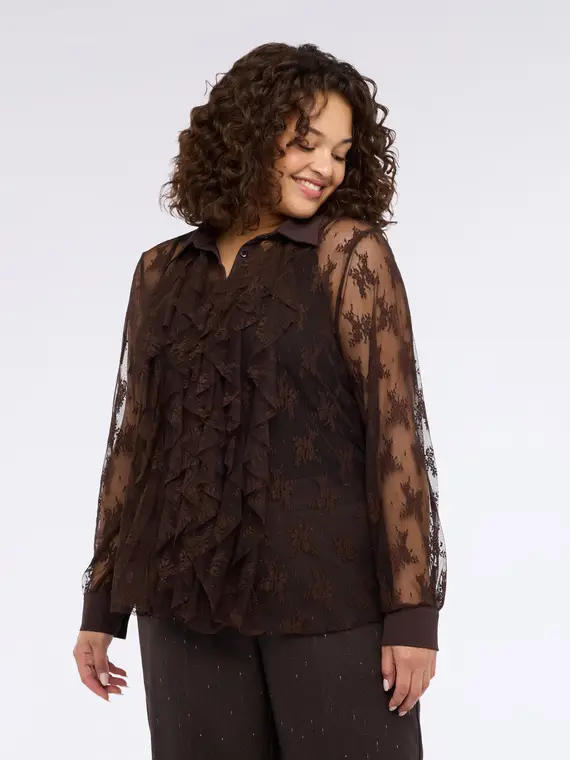 Camicia in pizzo con rouche sul davanti Donna, Marrone (56 IT) miniatura 3