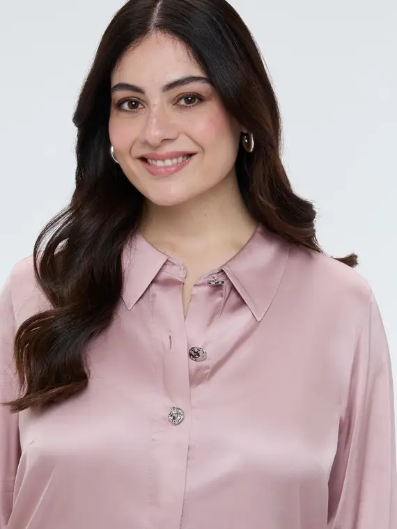 Camicia in raso con bottoni gioiello Donna, Rosa (58 IT) miniatura 3