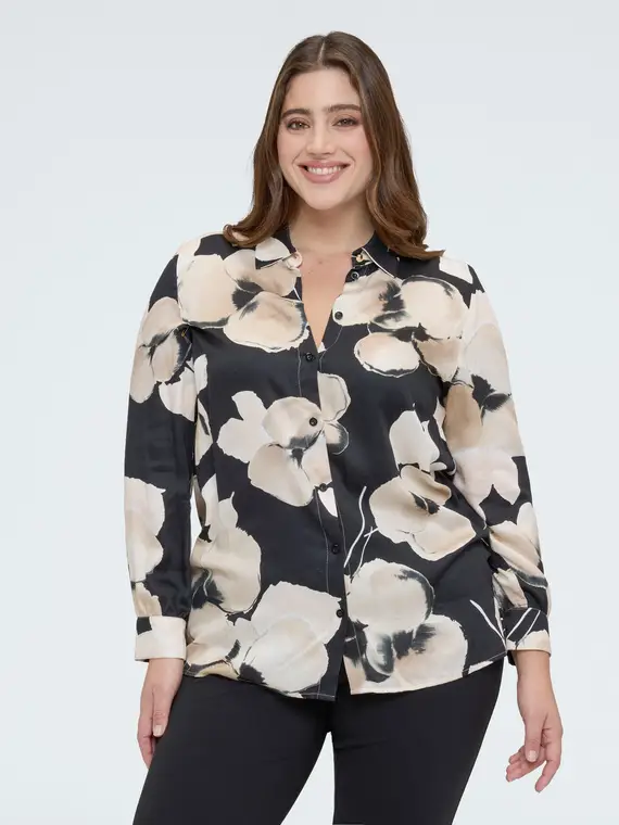 Camicia stampa floreale in raso Donna, Nero (60 IT)