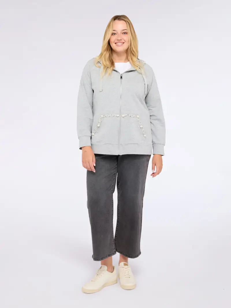 Felpa aperta con perle e strass Donna, Grigio (44-46 IT)