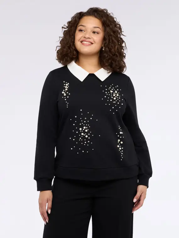 Felpa con colletto e perle Donna, Nero (56-58 IT) miniatura 3