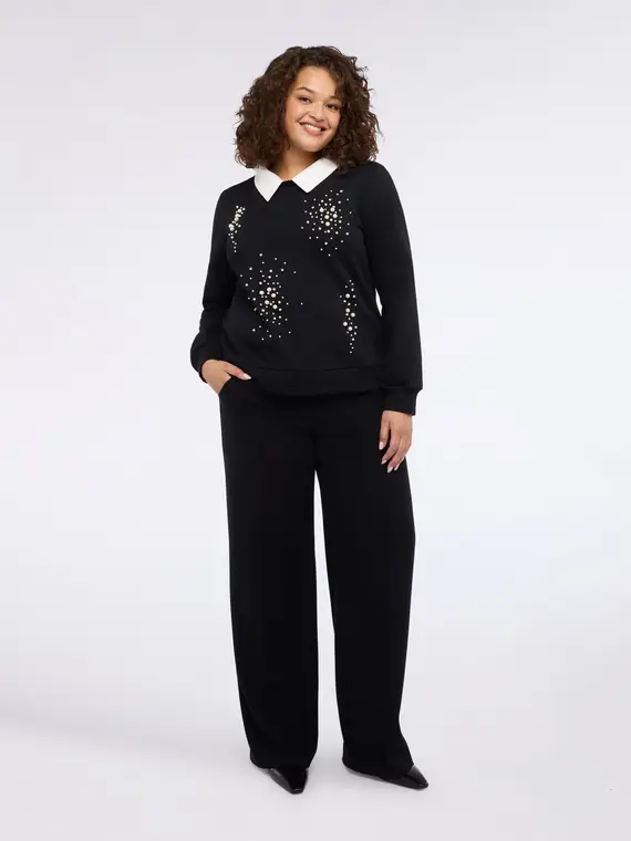 Felpa con colletto e perle Donna, Nero (56-58 IT)