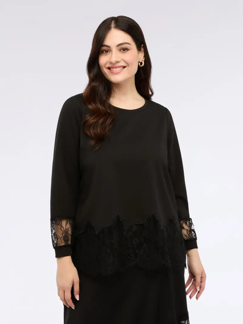 Fiorella Rubino - Felpa con inserti in pizzo Donna, Nero Taglia: XL (60-62 IT)