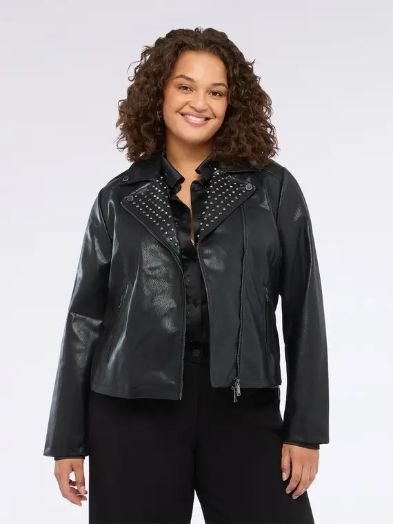 Giacca biker con borchie e zip asimmetrica Donna, Nero (46 IT) miniatura 3