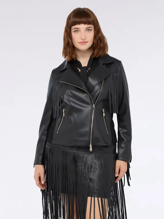 Giacca biker con maxi frange Donna, Nero (58 IT) miniatura 3