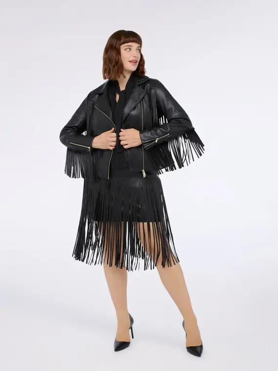 Giacca biker con maxi frange Donna, Nero (58 IT)