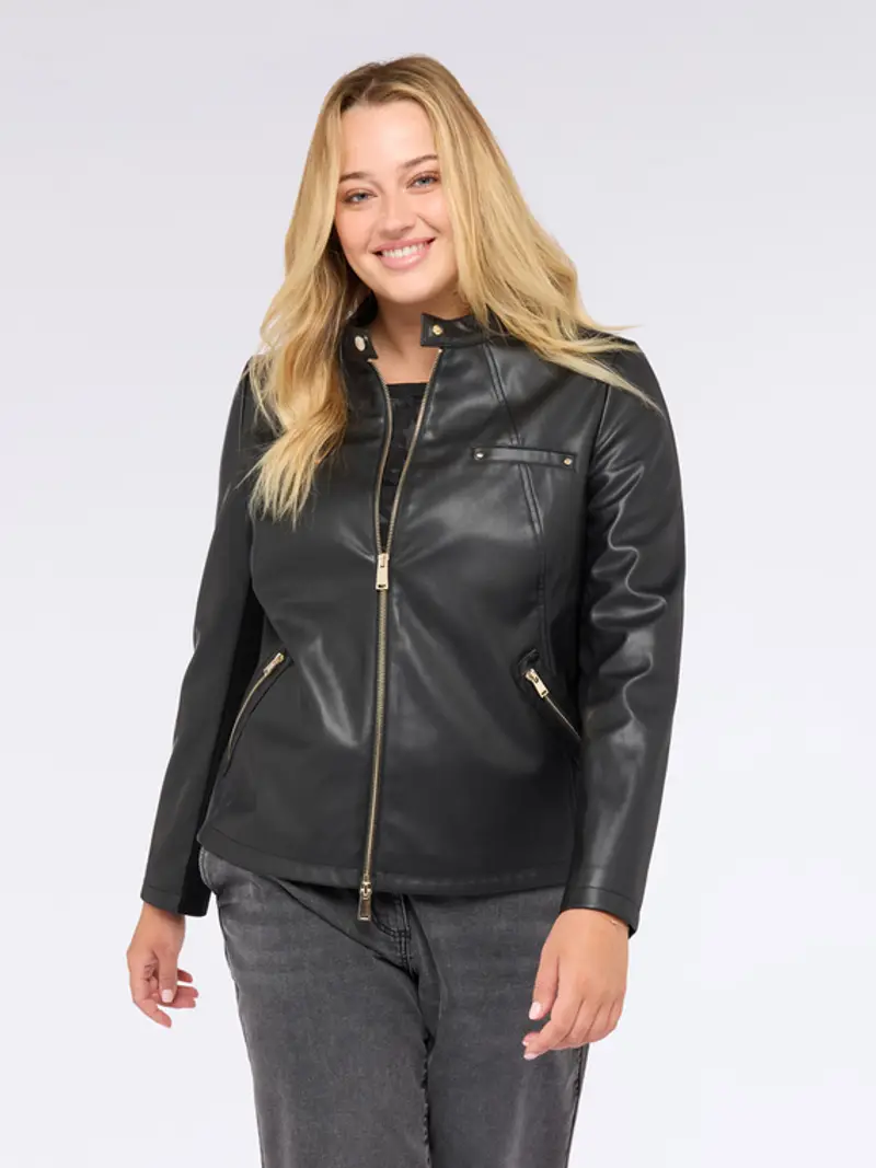 Fiorella Rubino - Giacca biker con parti in tessuto stretch Donna, Nero Taglia: 45 (54 IT) miniatura 2