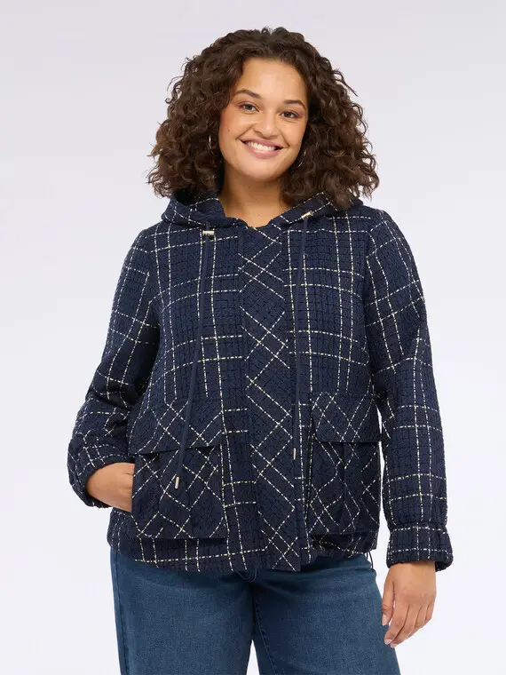 Giacca jacquard a quadri con cappuccio Donna, Blu (46 IT) miniatura 3