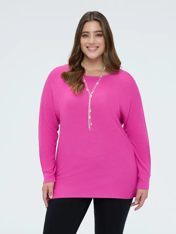Maglia a costine con maniche kimono Donna, Fucsia miniatura 3