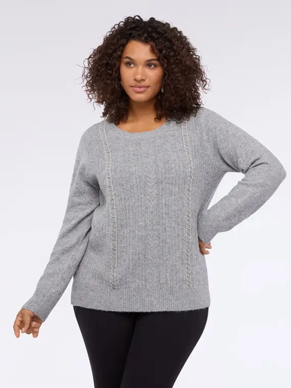 Maglia a treccine con ricami strass Donna, Grigio (60-62 IT) miniatura 3