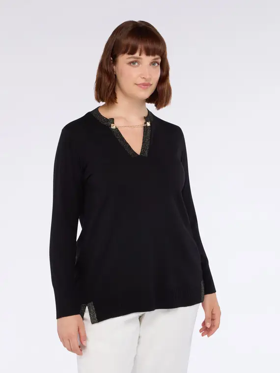 Maglia con catenella sullo scollo a V Donna, Nero (44-46 IT) miniatura 3