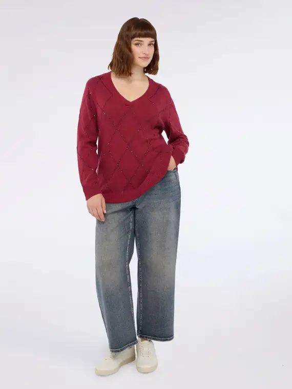 Maglia con motivo a rombi luminoso Donna, Bordeaux (60-62 IT) miniatura 3